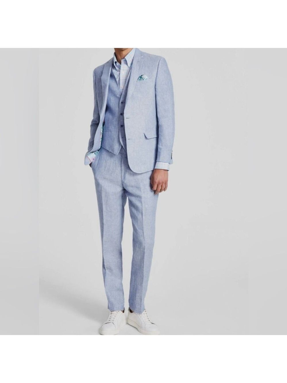 Bar III Men Blue Slim-Fit Linen Jacket Pants 2-Piece Suit 36S / 32Wx30L